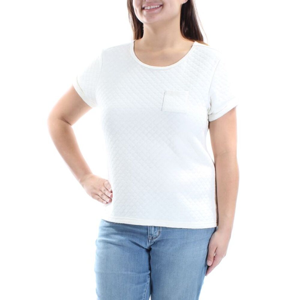 TRUE FREEDOM Womens Ivory Pocketed Short Sleeve Jewel Neck Sweater Size: XL